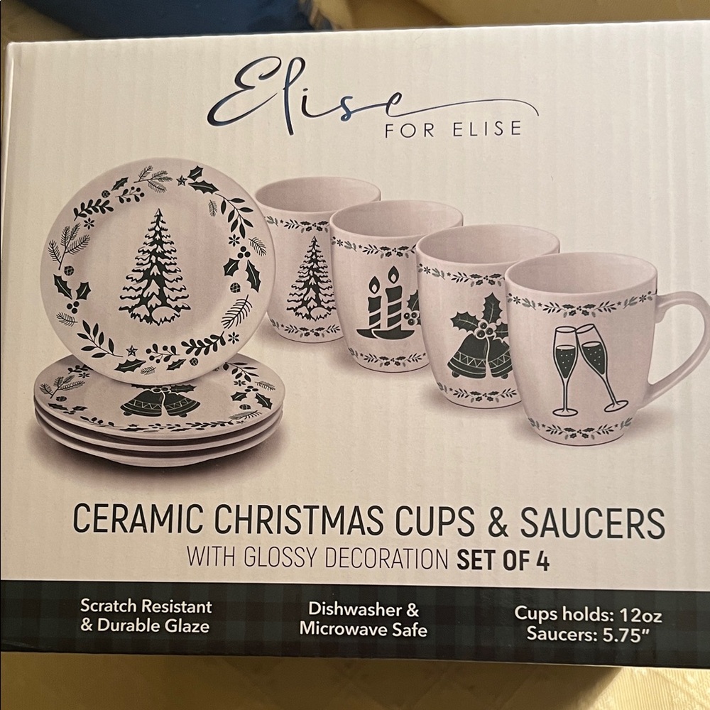 BRAND NEW ELISE CERAMICS SET OF 4 CHRISTMAS CUPS AND SAUCERS